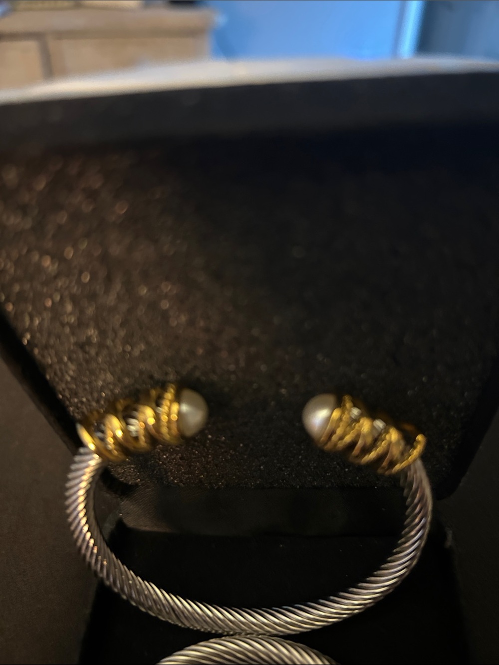 2 elegant Silver-Tone Cable Cuff Bracelets with Blue Stones,Pearls - Picture 7 of 8